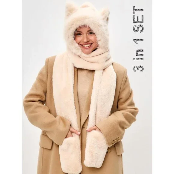 Kids Beige Faux fur Cute Cat Ears Winter Hat, 3 in 1 Plush Animal Hat Imported
